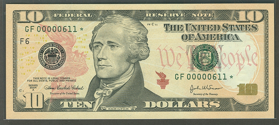 2004A $10 Atlanta Star FRN (FW), Low 3-Digit Number Gem CU, GF00000611*